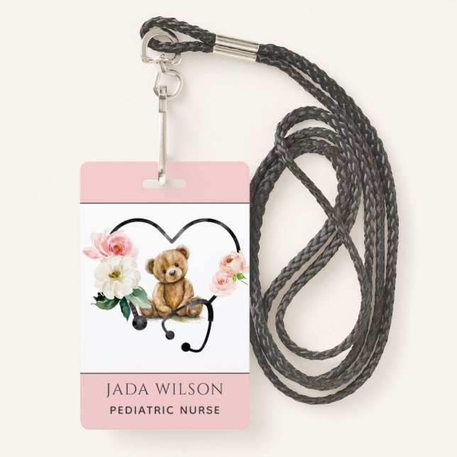 Badge Infirmière pédiatrique Teddy Ours Floral Stethosco (Devant avec lanière)