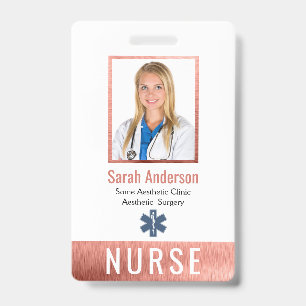 Badge Infirmière Photo Logo Code-barres Rose Doré Rose C