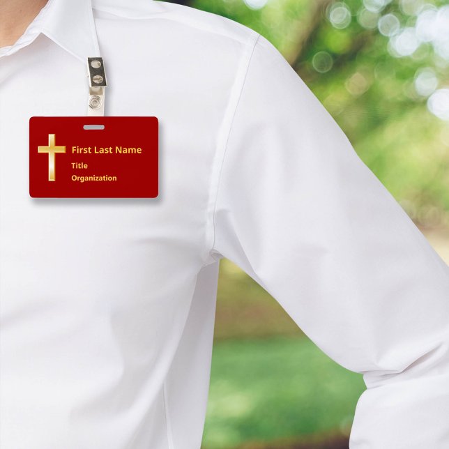 Badge Insigne de nom avec Croix d'or chrétienne (Modern name badge with gold cross. Perfect for events & meetings. Customize text & attachment style.)