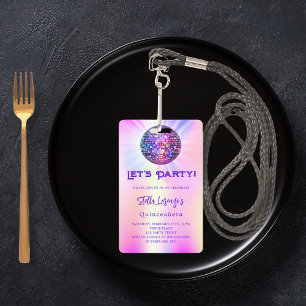 Badge Invitation de Quinceanera holographique rose disco