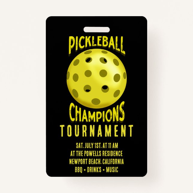 Badge Invitation du tournoi de Pickleball Jaune Noir (Devant)