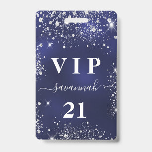 Badge Invitation vip d'anniversaire bleu marine pailleté