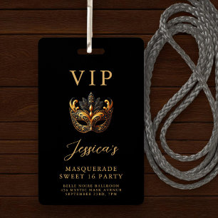 Badge Invitation VIP Mascarade Or Noir pour les 16 ans