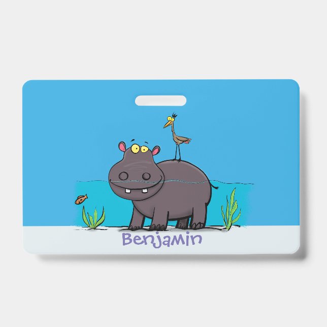 Badge Ippopotame drôle mignon avec dessin animé d'oiseau (Avant)