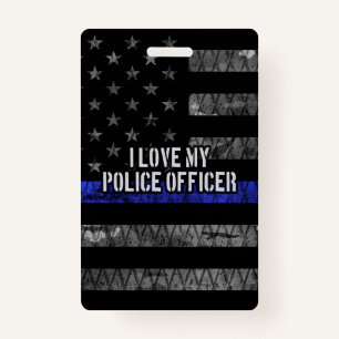 Badge J'Aime Mon Policier Mince Ligne Bleue Distresse