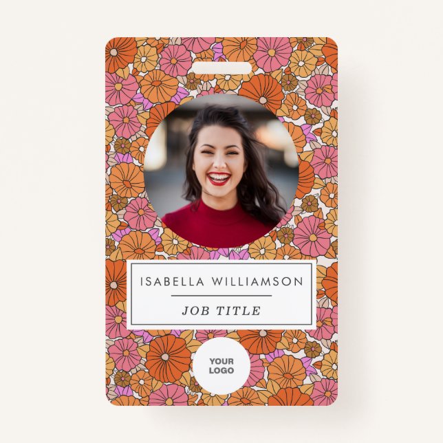 Badge Joli Boho rose floral employé ID photo (Devant)