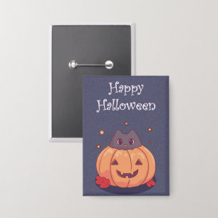 Badge Joli chat avec une citrouille d'Halloween Gris ble