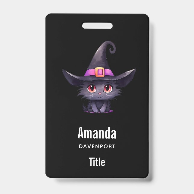 Badge Joli chat noir portant un chapeau de sorcière (Avant)