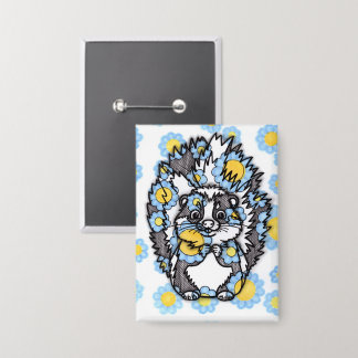 Badge Joli mouffette avec un rectangle de fleurs bleues
