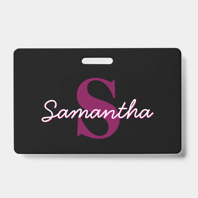 Badge Joli script de monogramme rose et noir personnalis (Avant)