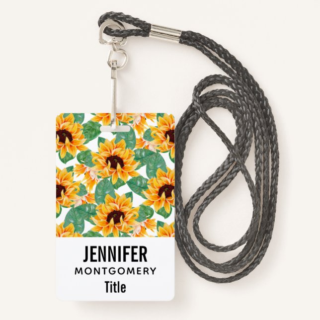 Badge Joli tournesol Jaune et Motif vert (Devant avec lanière)