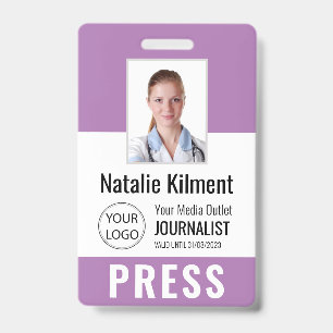 Badge Journaliste Passe Photo Nom Logo ID Lavender