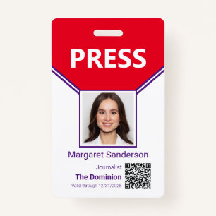 Badge Journaliste Photo ID et QR Code Presse Pass