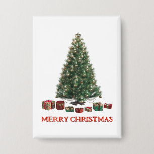 Badge Joyeux Noël. Arbre (modèle 1) avec des cadeaux