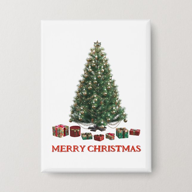 Badge Joyeux Noël. Arbre (modèle 1) avec des cadeaux (Recto)