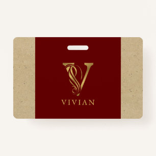 Badge Lettre or fantaisie V Monogramme sur rouge et cart