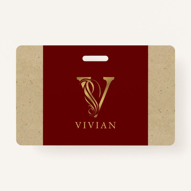 Badge Lettre or fantaisie V Monogramme sur rouge et cart (Devant)