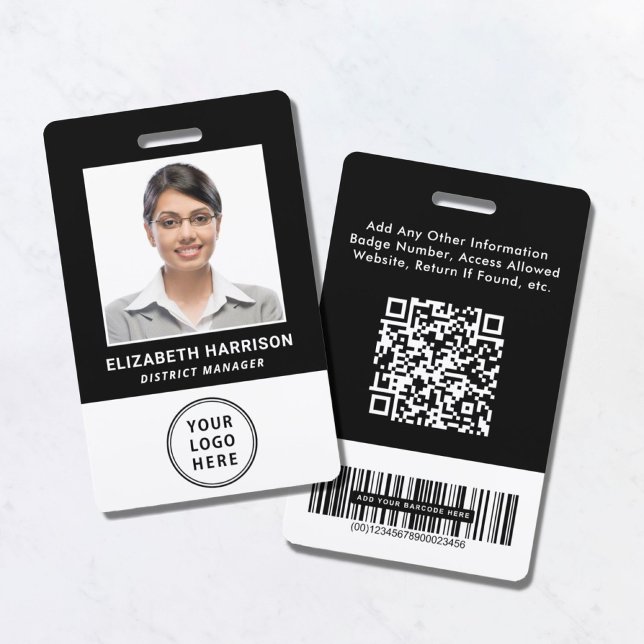 Badge Logo Code barre QR Code photo de l'employé noir (Créateur téléchargé)