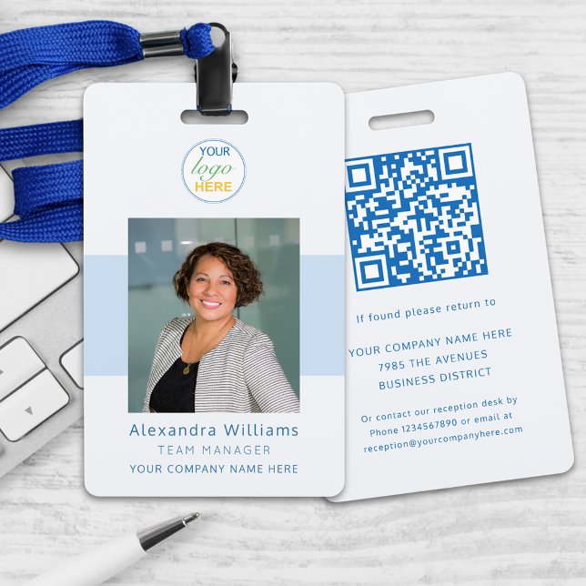 Badge Logo de la société ID photo de l'employé Code QR d (Custom employee photo id security badge with qr code with your logo here modern professional lanyard)