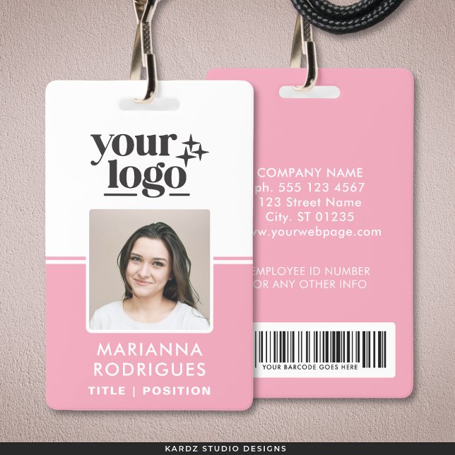 Badge Logo de sécurité rose Code-barres photo Code emplo (Front and back are shown. Customize and choose attachment: lanyard, retractable, or metal clip)