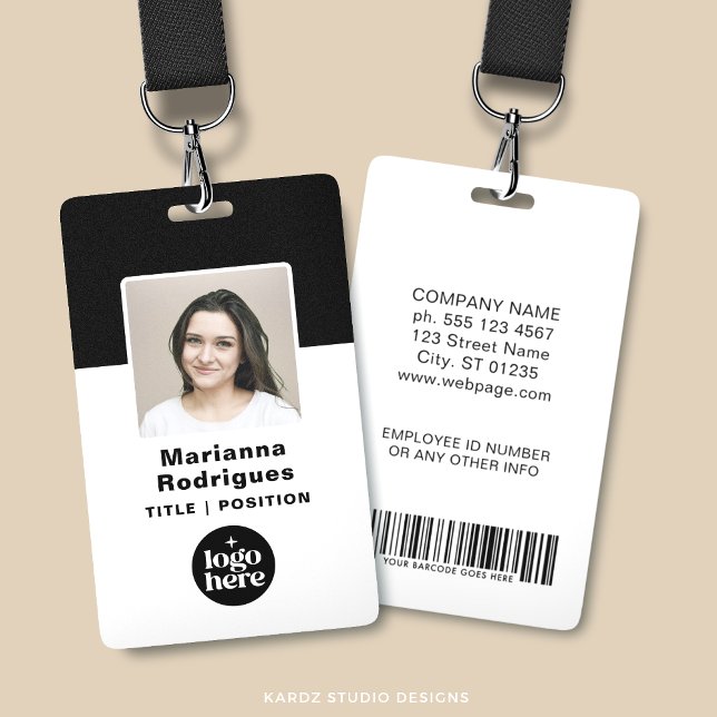 Badge Logo d'entreprise Photo Code-barres ID personnalis (Customize with photo, name, title, business logo, contact info a security barcode.)