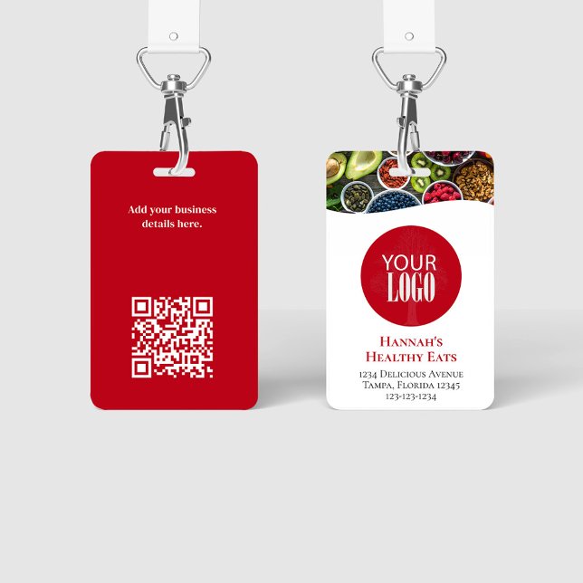 Badge Logo d'entreprise simple photo QR Code rouge (Simple photo badges with a full bleed photo template. )