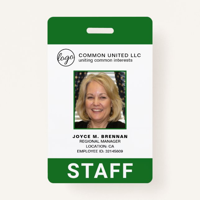 Badge Logo d'entreprise vert personnalisé - ID photo emp (Devant)
