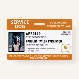 Badge Logo et ID photo de chien de service blanc orange