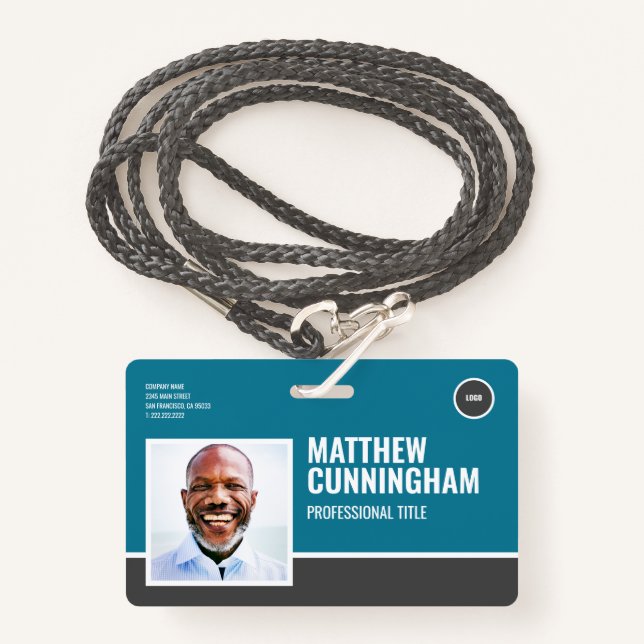 Badge Logo moderne Nom photo de l'employé Code-barre Hor (Devant avec lanière)