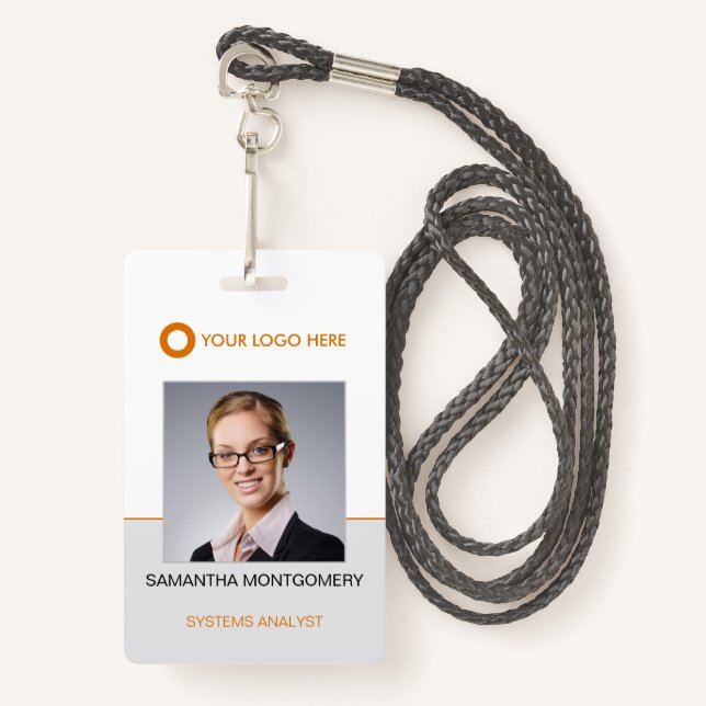 Badge Logo Nom photo de l'employé Code barre orange gris (Devant avec lanière)