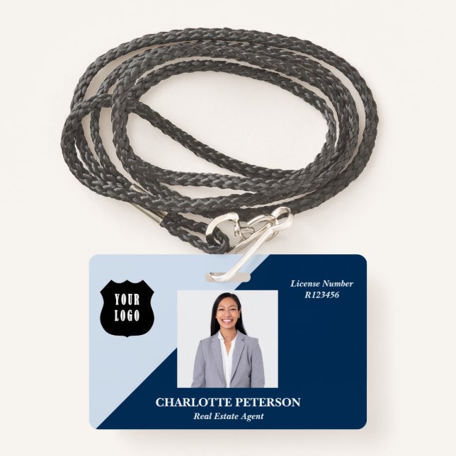 Badge Logo personnalisé bleu Nom du localisateur immobil (Devant avec lanière)