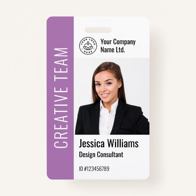 Badge Logo photo de l'employé Modèle moderne Nom pourpre (Devant)