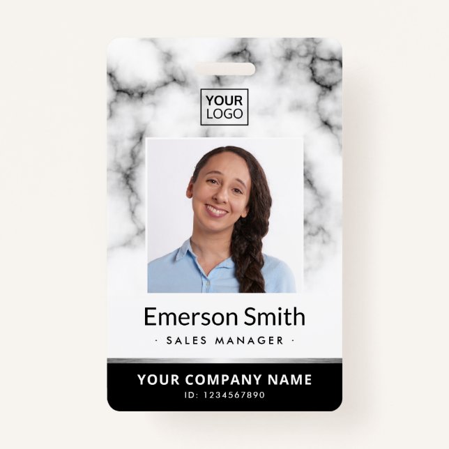 Badge Logo photo marbre blanc noir moderne employé ID (Devant)