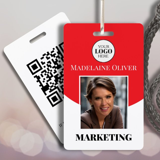 Badge Logo photo rouge et code QR Nom de l'employé (Créateur téléchargé)