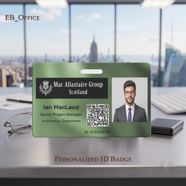Badge Logo Rectangle Personnalisé Photo ID Métallic Vert (Sage Green Custom Wide Logo Placeholder Photo ID Badge Template. Size 2.13 x 3.38 Inches)