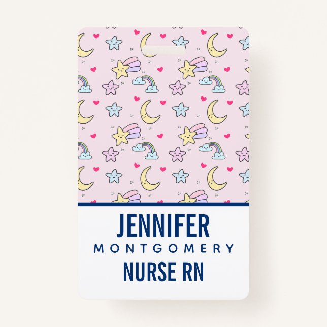 Badge Lune, étoiles et nuages Motif sur Pastel Pink (Devant)