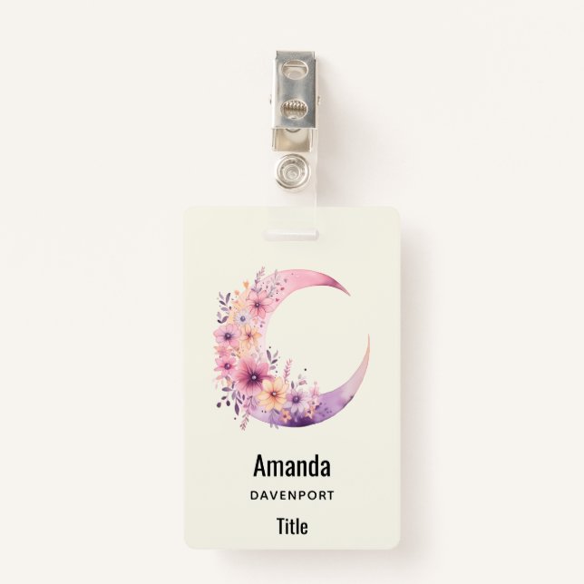 Badge Lune rose Croissant avec de jolies fleurs (Devant avec clip)