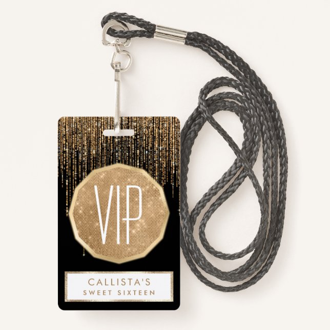 Badge Luxe Chic Black Gold Fringe Parties scintillant ét (Devant avec lanière)