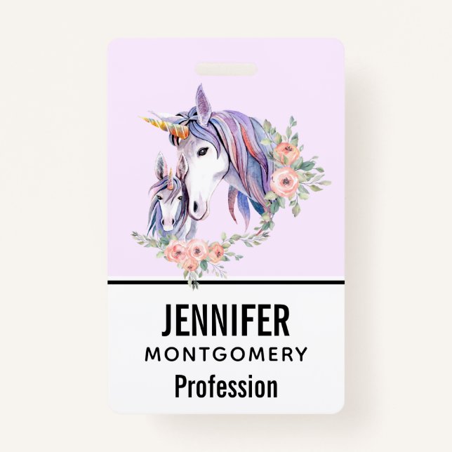 Badge Magique Unicorne maman & bébé aquarelle (Devant)