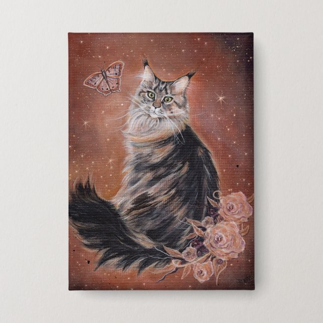 Badge Maine coon cat with flowers art by Renee  (Recto)