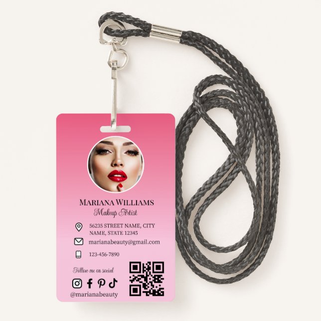 Badge maquillage artiste photo qr code rose petite entre (Devant avec lanière)