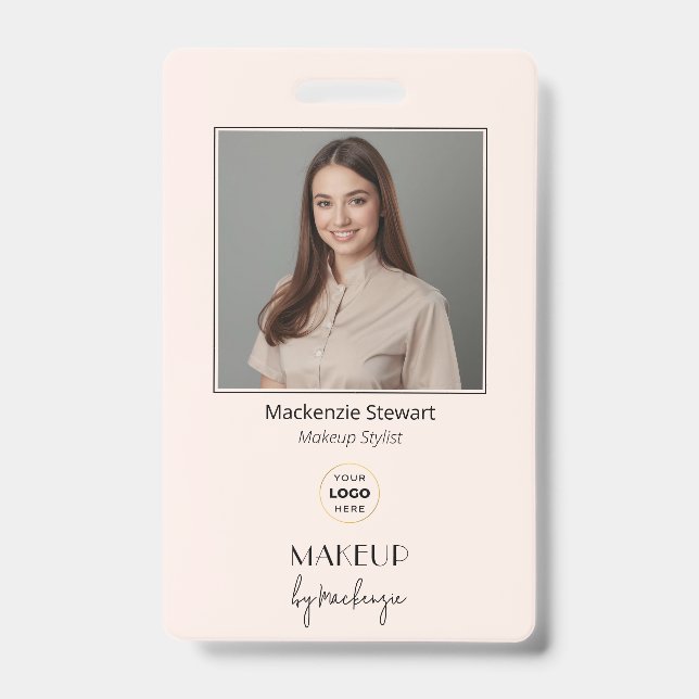 Badge Maquilleuse Photo Logo Script Rose Pâle (Avant)