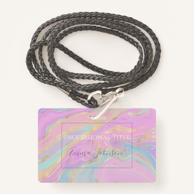 Badge Marbre arc-en-ciel en or rose (Devant avec lanière)