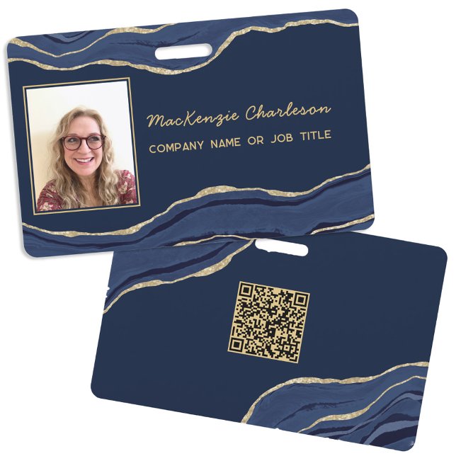 Badge Marbre Bleu Agate Géode Code QR Photo ID Nom (Navy blue gold agate marble geode script QR code business photo name id badge)