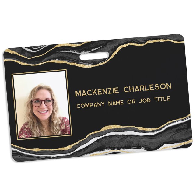 Badge Marbre Noir Agate Géode Or Nom de Photo d'Affaires (Black agate marble geode gold effect business photo id name badge)