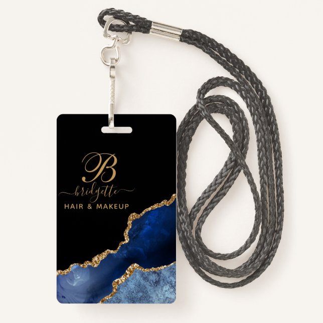 Badge Marine Blue Gold Agate Géode Maquillage Artiste Mo (Derrière avec lanière)