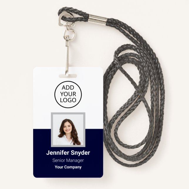 Badge Marine Blue, ID photo de l'employé avec code QR, e (Devant avec lanière)