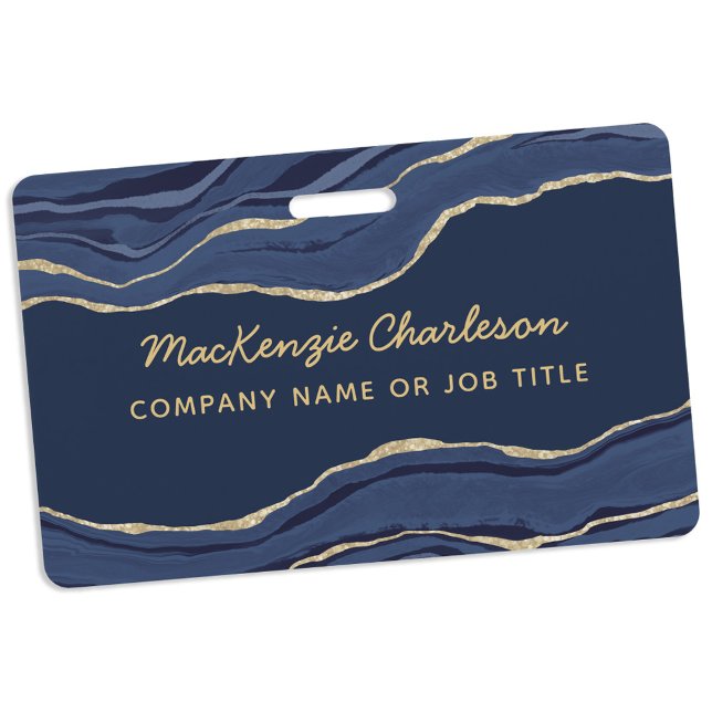 Badge Marine Marbre bleu Agate Géode Or Nom commercial I (Navy blue gold agate marble geode professional business name ID badge)