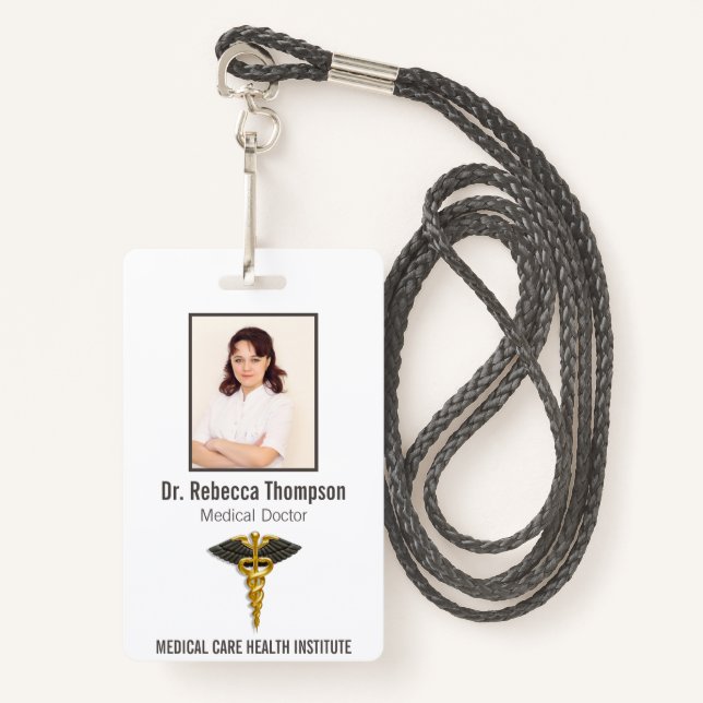 Badge Médicale Elegant Gold Caduceus Black Wings ID phot (Devant avec lanière)