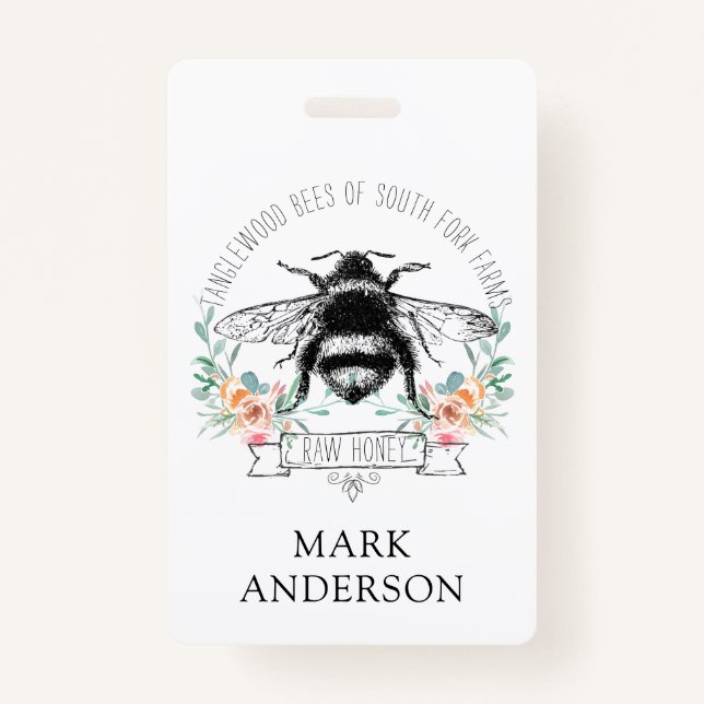 Badge Miel Bee Apiary Miel Jar Étiquette l Rose Floral (Devant)
